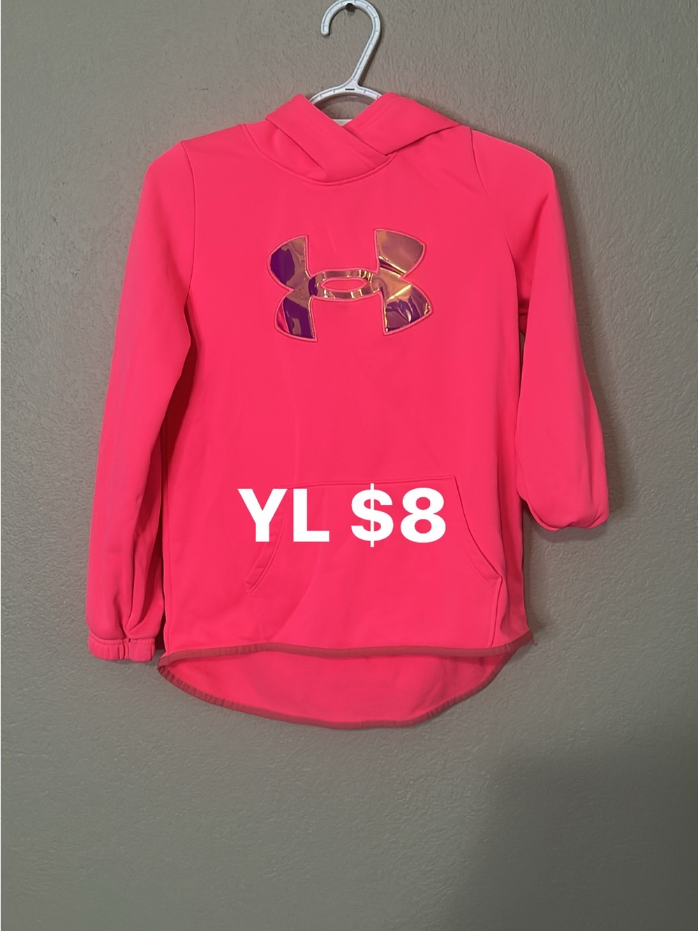 Under Armour Girls Hot Pink Pullover Hoodie with Iridescent Logo